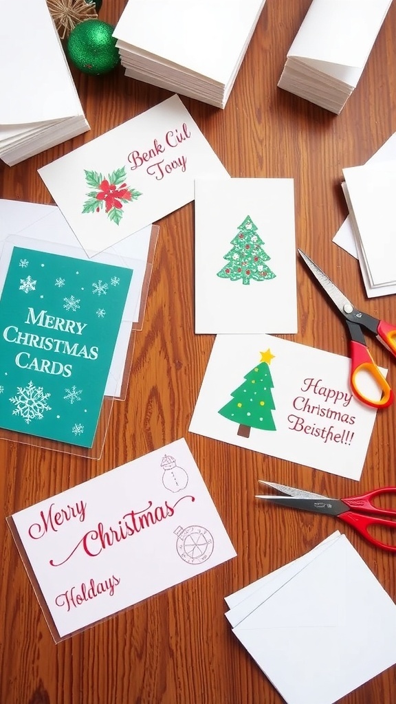 Printable Christmas card templates with festive designs on a wooden table.